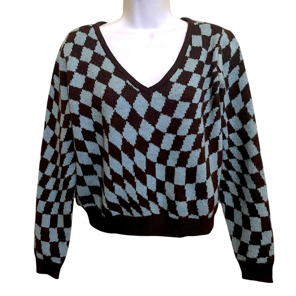 Witty Fox Light Blue Brown Argyle Sweater Cropped Oversized Preppy Academia XS - Picture 2 of 9